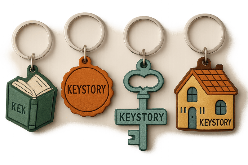 Sleutelhangers van KeyStory in verschillende stijlen en kleuren