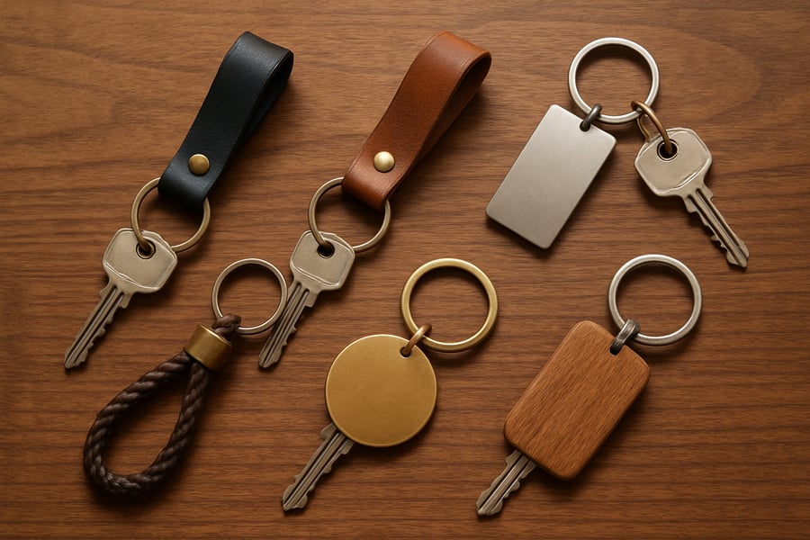 Verschillende stijlvolle sleutelhangers op een houten tafel